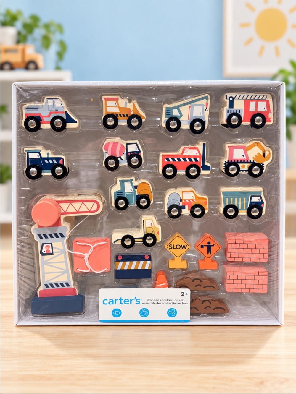 Carter's Wooden Construction Vehicle Playset - Red, Blue, Yellow, Orange, Pink